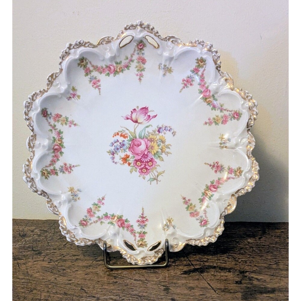 Antique M Z Austria L S S Carlsbad Handled Cake Plate Platter Ribbon Swags 10"